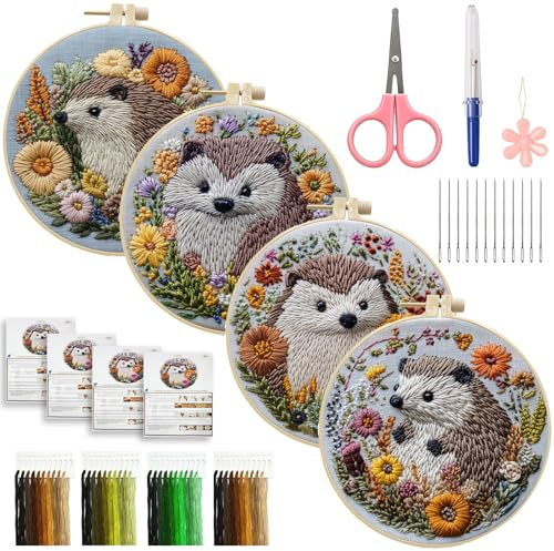 ZITUZY 4 Stück Sticken Lgel Set Erwachsene, DIY Tieremuster Stick Craft Set | mit Musterstoff, Stickrahmen, Faden & Nadeln, Stickset für Erwachsene Anfänger, Bedienungsanleitung Enthalten