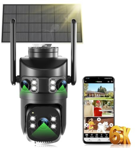 6K Camera Surveillance WiFi Exterieure sans Fil,à triple objectif/Camera Solaire/Batterie 10000mAh,360° PTZ Suivi Automatique,Vision Vocturne,Audio Bidirectionnel,AI Sirène,2.4/5G WIFI,10XZoom Hybride