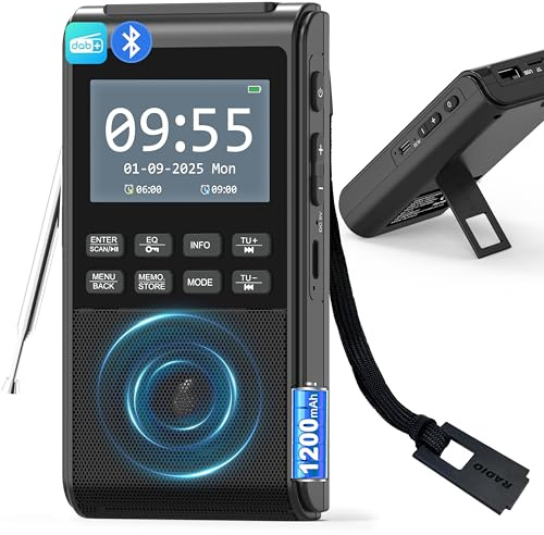 Radio portable DAB avec Bluetooth 5.3, radio FM alimentée par batterie rechargeable, petite horloge à double alarme, radio numérique DAB+ avec écran couleur, grand haut-parleur 5 W, prend en charge