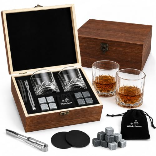 Whisky Glass Gift Set for Men:2 Crystal Tumblers,8 Reusable Chilling Stones,Coasters,Velvet Pouch & Steel Tongs in Wooden Gift Box,Home Bar Accessory,Birthday Xmas Gift for Scotch Bourbon Rum Fans