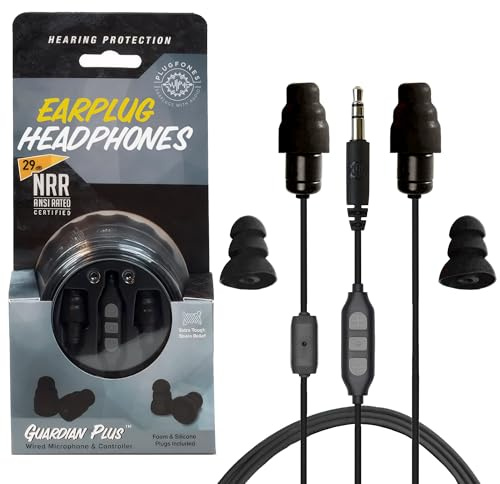 PlugFones Guardian Plus, Earplugs with Audio, 26 dB NRR, Noise Isolating Mic and Controls | 29dB NRR Foam & 27dB Silicone Plugs, Noise Isolating Mic, OSHA Compliant Ear Plug Headphones for Work, Safety Earbuds, Black