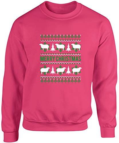 Hippowarehouse Merry Sheep Christmas Unisex Jumper Sweatshirt Pullover (Specific Size Guide in Description) Fuchsia Pink