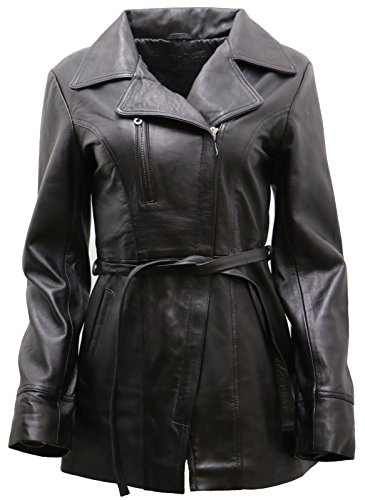 Chaqueta Motera Larga de Cuero Negro Nappa Para Mujer Con Correa 20
