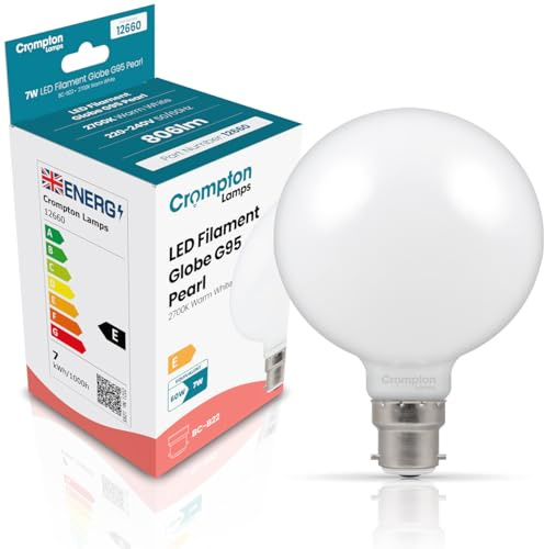 Crompton Lamps LED Globe 7W B22 Bulb | 95mm Large Light Bulb | 60W Equivalent | Dimmable LED Lightbulb | 2700K Warm White | Frosted Opaque Milky Opal Lightbulbs | Low Glare Globe Lights