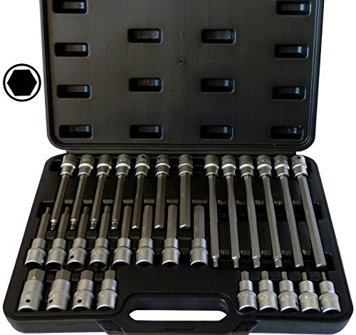 Innen-Sechskant Steckschlüssel-Set 5-19 mm - 30tlg. S2-Stahl Bitsatz mit +15 % Festigkeit - 55-200 mm Länge - 1/2 Antrieb - für Industrie & Werkstatt - PeTools