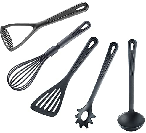 Westmark Küchenhelfer-Set 5tlg.: Schneebesen, Suppenkelle, Kartoffelstampfer, Pfannenwender, Spaghettilöffel, Kunststoff, Gentle, Schwarz, 280022E6