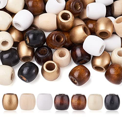 Craftdady 210Pcs 7-Stil hölzerne Trommel ovale Dreadlocks Barthaargeflecht Perlen 17x16mm großes Loch Fass Abstandshalter für Macrame Handwerk geflochtene Schmuck Herstellung, Loch:8mm