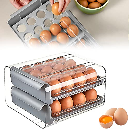 THATSRAD Caja de Huevos para Nevera 32 Rejillas Huevera para Frigorífico Cajón Caja de Almacenamiento para Huevos Bandeja para Huevos Caja Huevos para Refrigerador, Panadería (23,5*21,5*13,5cm, Gris)