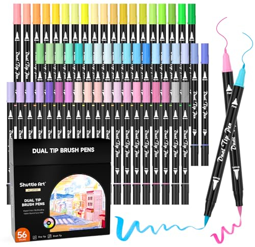 Shuttle Art Pastell-Pinselstifte, 56 Pastellfarben, Doppelspitze, Pinselmarker mit Fineliner-Spitze, Filzstifte zum Zeichnen für Erwachsene, Malen, Skizzieren, Kalligraphie und Tagebucheinträge