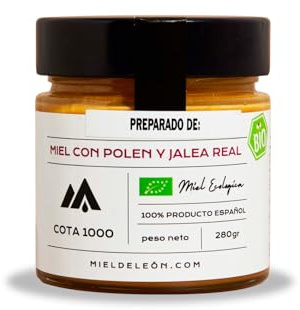 Miel con polen de abeja natural y jalea real. Sabor intenso de la miel de bosque con matices florales del polen y con la fuerza de la jalea real. Producto Artesano de Cosecha Propia. Origen: El Bierzo