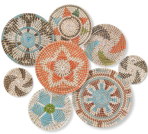 Ziliny Boho Wall Basket Decor Set of 8 Decorative Hanging Woven Basket Art Round Farmhouse African Woven Bowl Decor for Kitchen Rustic Home Summer Decorations, Multi Sizes(Colorful)