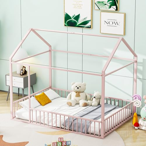 HAINEW Kinderbett Hausbett 140 x 200cm mit Rausfallschutz Sicherheit Zaun, Kinder Metallbett Bodenbett, Montessori Kinder Flachbetten für Kinder, Teenager, Jungen oder Mädchen (Rosa, 140 × 200cm)