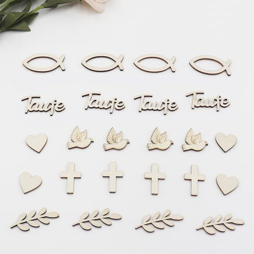 WANYI 120 Stück Taufe Deko aus Holz Tischdeko Taufe Konfetti Taufdeko Set für Junge Mädchen Holzfische Holzherzen Streudeko Tischdeko für Babyparty Geburtstag Taufe Dekoration (A)
