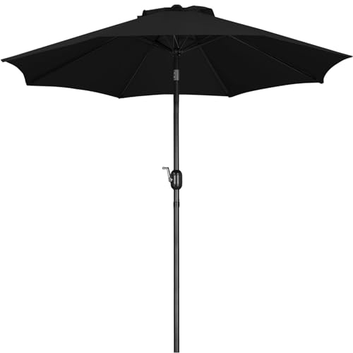 270cm-Sonnenschirm mit 8 Rippen, Kurbel-/Druckknopfneigung, Schwarzer Stange, Lichtechtem 220-g-Polyestergewebe und Windschutz, für Außenterrasse, Deck, Pool, Hinterhof, Einfach Einzustellen