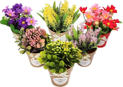 Yorkmills Set of 6 Potted Artificial Flowers Fake Flowers with Vase Faux Flowers in Pot, Spring Decor for Home Office Floral Arrangement for Table Dinning Room Decoration Shelf Decor