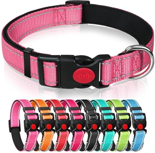 Reflective Nylon Dog Collar with Safety Buckle, Adjustable Pet Collars with Soft Neoprene Padding for Medium Dogs (Pink, S)