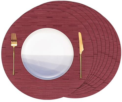 Banchif Platzsets abwaschbar Tischsets abwaschbar Rund 38 cm Platzdeckchen | Platzsets abwaschbar 8er Set Platzdeckchen PVC Rund rutschfest Tischsets abwischbar gewebte Vinyl (Rot)