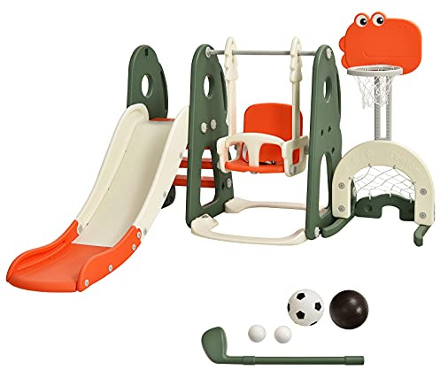 GOPLUS 6-i-1 barnrutschkana med gunga, leksaksvagn med klätterstege, höjdjusterbar basketkorg, fotbollsmål och golf, inomhus och utomhus, lekplats för barn från 3–8 år (orange)