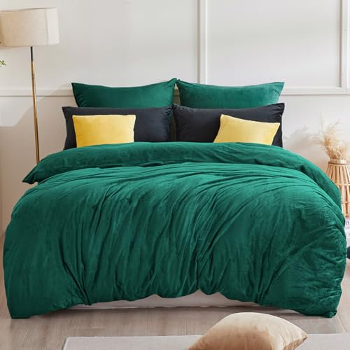 Beqnat Ropa de cama de franela de invierno de 135 x 200 cm, cálida y mullida, con tacto de cachemira, 1 funda nórdica y 1 funda de almohada de 80 x 80 cm con cremallera, color verde oscuro