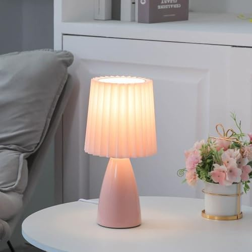 Mengjay Nachttischlampe Keramik Tischleuchte für Nachttisch Beistelltisch,Schlafzimmer Leselampe E27 Tischlampe Stoffschirm Moderne Retro Schreibtischlampe für Wohnzimmer Schlafzimmer (Rosa)