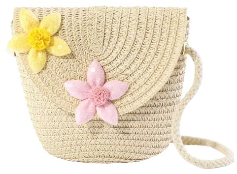 AWAVM Little Girl Cute Straw Crossbody Bag - Braided Floral Princess Bag for Kids Girls Shopping School Travel (Floral)