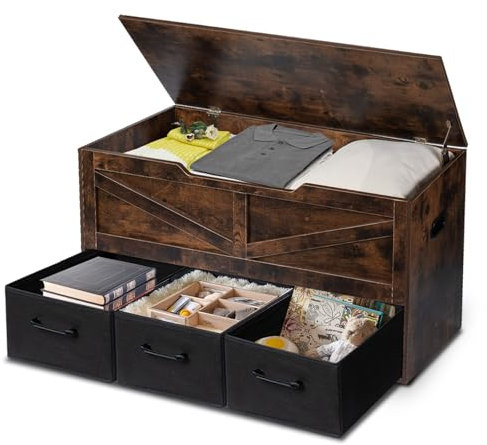 Qupui Storage Bench, 39.4 Storage Chest with 3 Drawers, Large Box Storage with Safety Hinges, Wooden Blanket Chest Trunk for Living Room, Bedroom, Entryway