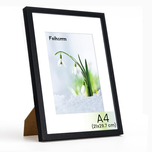 Feihorrm Bilderrahmen, A4 Fotorahmen aus Eiche, Mit gehärtetem Glas, Für 21x29,7 cm-Fotos ohne Passepartout oder 13,9x20 cm-Fotos mit Passepartout (Schwarz, A4 (21x29,7 cm)/ 1x)