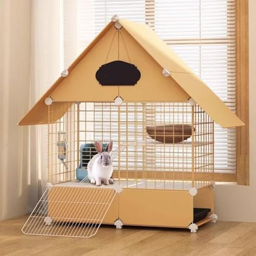 Freigehege für Kaninchen mit Dach, Freilaufgehege Kaninchen Innen Leicht Zu Reinigender Hasenkäfig 2 Etagen Tragbarer Gartenzaun Aus Metalldraht for Kleine Tiere