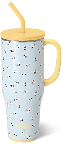 Swiglife 40oz Mega Mug, 40 oz Tumbler with Handle and Straw, Cup Holder Friendly, Dishwasher Safe, Extra Large Insulated Tumbler, Stainless Steel (Busy Bee)