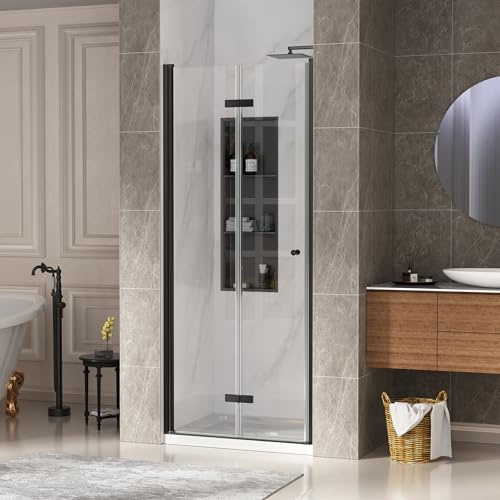Bifold Shower Door, 34 W × 72 H Frameless Bathroom Glass Folding Shower Doors, Reversible Installation, 1/4 (6mm) Clear Tempered Glass Door for Walk-in Shower, Matte Black