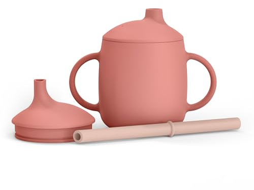 Suavinex, Tazza didattica per bambini 3 in 1: tazza con beccuccio + tazza con cannuccia + tazza, in silicone antigoccia, con manici, lavabile in lavastoviglie e adatta al microonde, +6 mesi, Rosa