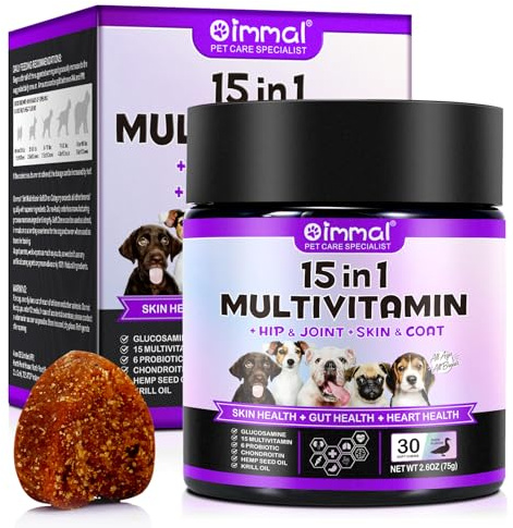 Snack multivitaminici per cani 15 in 1, per sostenere la salute - pelle, anche e articolazioni, salute intestinale, compresse masticabili multivitaminiche per cani di tutte le razze (30 snack