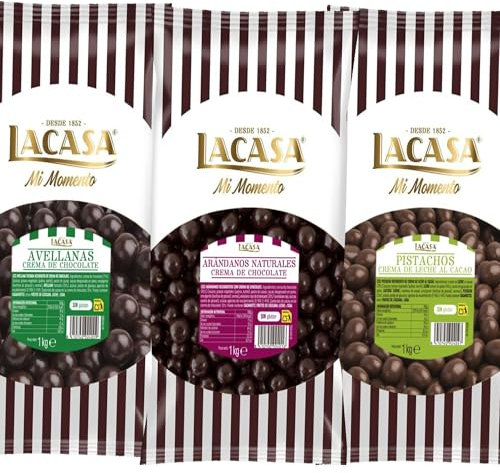 Lacasa Pack 3kg de bolas: Avellana con chocolate Negro,Arándanos con chocolate Negro,Pistachos con chocolate Leche