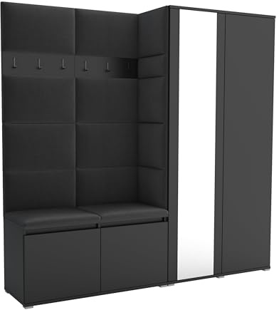 Brent - Flurgarderobe Luton 4, Garderobe Set: Schuhbank mit Sitzfläche, Garderobenpaneel, Garderobe mit Spiegel, Flur Möbel, Schwarz + Polsterpaneele in Schwarz
