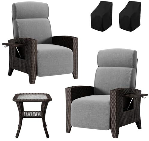 haiorjun 2 Stück Relaxsessel Garten Gartenmöbel Set, Gartensessel Wetterfest Rattan Sessel Outdoor mit Abdeckung und Beistelltisch, Ergonomische Relaxliege mit Verstellbarer Rückenlehne und Sitzkissen