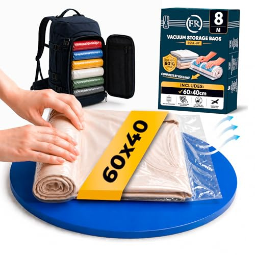 FiRiO Vakuumbeutel Reise zum Rollen I 8 STÜCK I Größe M: 60x40cm I Vakuumbeutel für Kleidung Reise I Vacuum Bags for Clothing Travel I Kompressionsbeutel ohne Ventil für Koffer & Rucksack