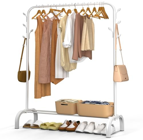 VOUNOT® Kleiderständer Metall, Kleiderstange Garderobenständer mit Schuhregal und 8 seitlichen Haken, Stabil, Schwerlast, für Schlafzimmer Flur Ankleidezimmer, 110x41x150cm Weiß