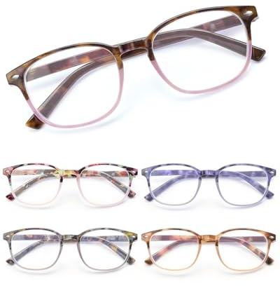 JM Lesebrille mit Blaulichtfilter mit Federscharnier, Quadratisch Blaulichtfilter Brille mit SehstäRke Damen 5 Packs +3.0