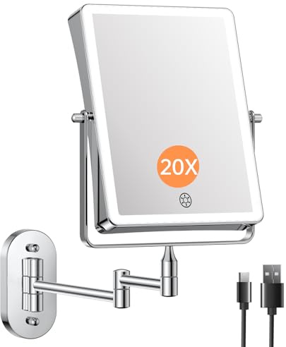 Famihomii 5000mAh Specchio cosmetico ricaricabile con illuminazione a LED, specchio da trucco con ingrandimento 1/20X e interruttore touch a batteria, specchio da barba regolabile a 360°