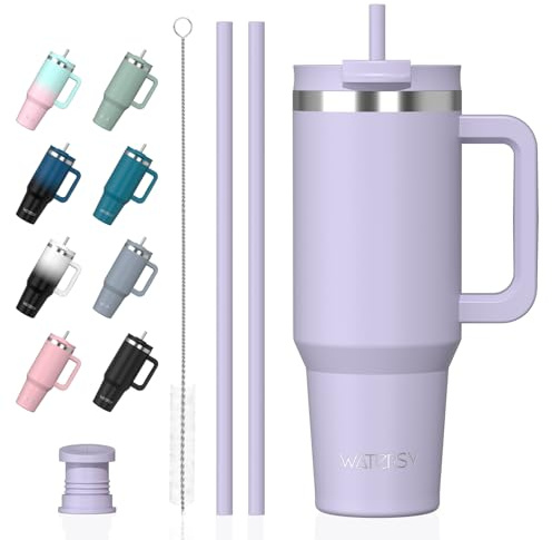 WATERSY 30oz Travel Mug Coffee Cup with 2 Straws, Tumbler Lid and Handle, Stainless Steel Double Wall Vacuum Insulated Coffee Water Bottle Thermal for Cold Hot Coffee 891ml Purple