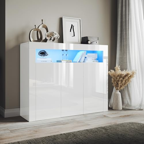 ELEGANT 3-Door Sideboard with LED Lights, High Gloss Lighted Display Cabinet with Open Compartment for Living Room & Bedroom, W1160×D350×H930mm