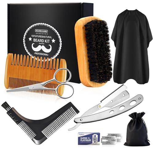 DUAIU 8Pcs Beard Brush and Comb for Men, Boar Bristle Brush and Dual Action Comb - Beard Shaper, Straight Shaving Razor with 10 Blades, Cape, Scissors Styling Cutting Tools with Bag