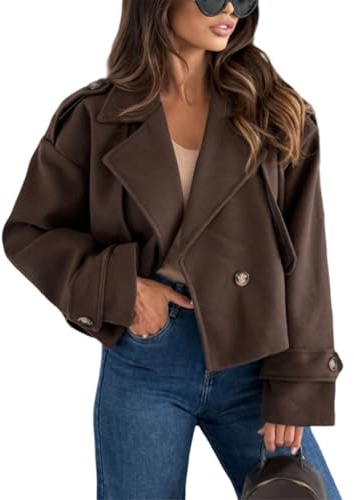 shownicer Manteau Femme Chic et Élégant Court Revers Vestes Automne Hiver Manches Longues Couleur Unie Jacket Coat A Marron Foncé S