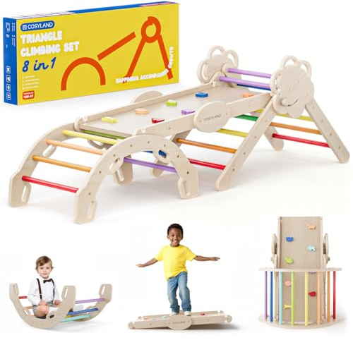 COSYLAND 8-in-1 Klettergerüst Indoor L – Großes Kletterdreieck Set mit Kletterbogen & Rutsche - Natur/Mehrfarbig