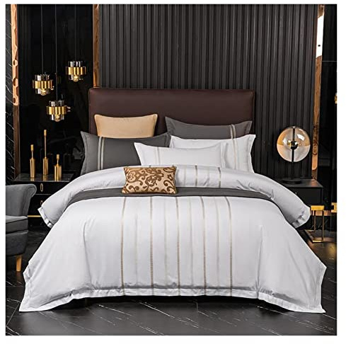 Conjunto de sábanas de la Cama Juego de Cubierta de edredón Bordado Vertical 4 Piezas de algodón Suave y Transpirable Doble/Rey = Kiz Juego de Ropa de Cama Blanca con sábanas para Almohadas de