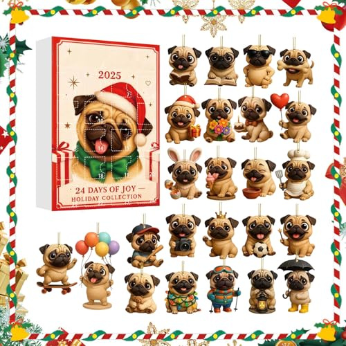Fun Pug Advent Calendar 2025,24 Tage Lustiger Hunde Weihnachts Countdown Kalender, 2D Acryl Niedlich Mops Anhänger Adventskalender, Für Kinder Erwachsene Hunde Liebhaber Heimfeiertagsfeier Geschenke