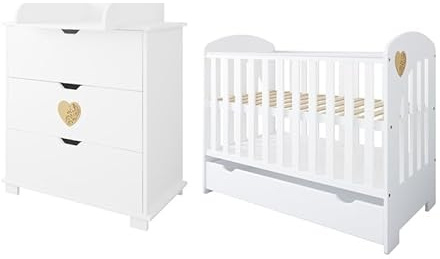 zee Heart Set Habitación Bebé Blanco 2 en 1, Cuna 120x60 cm con Cajón Convertible en Cama Infantil, Cómoda Cambiador con Cambiador, Diseño Escandinavo, Corazón Natural