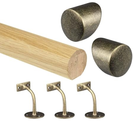 Oak Round Mopstick Handrail Kit with Wall Brackets & Forge End Caps – 1800–4200mm, Chrome/Black/Brushed Nickel/Antique Brass (Antique Brass, 2400mm)