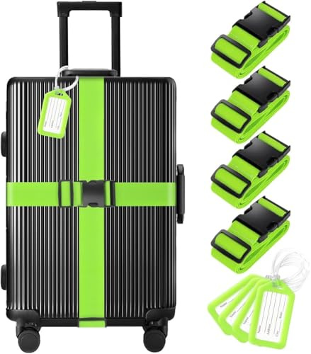 MosaiRudo 8er-Pack Gepäckgurte und Anhänger-Set (4 Gurte, 4 Anhänger), Gepäckgurte für Koffer, TSA-geprüft, Koffergürtel, Gepäckanhänger (Grün)