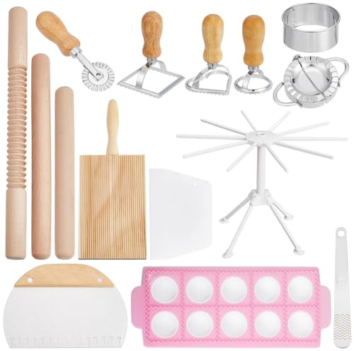 UNICRAFTALE Kit de 15 Pièces pour Fabrication de Pâtes Ensemble de Tampons à Ravioli Planche à Gnocchi Rouleau à Pâtisserie Bois Moules à Boulettes Roue à Découper les Pâtes Support de Séchage